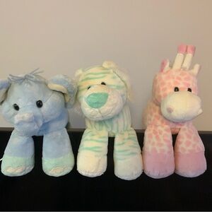 Aurora Baby Plush Animal Trio Set - Blue Elephant, Green Tiger, Pink Giraffe